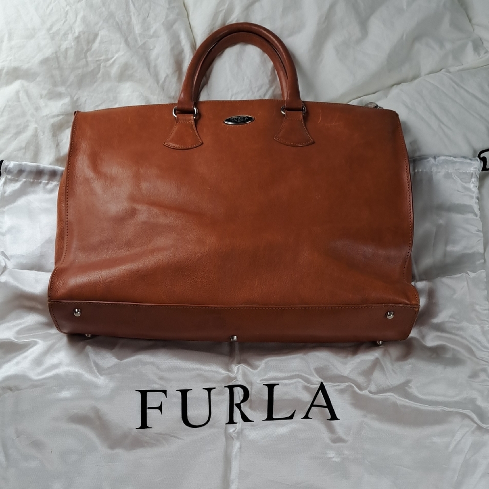 Furla Classic Cognac Brown Leather Tote Satchel Handbag 11"x15" Vintage   W/ Bag